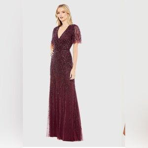 Mac Duggal 35109 Embellished Flutter Sleeve Gown Aubergine Size 6 NWT $698